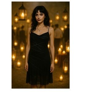Whimsigoth Fairy‎ Witch Y2K 90s Party Black Silver Midi Large Slip Dress Vintage